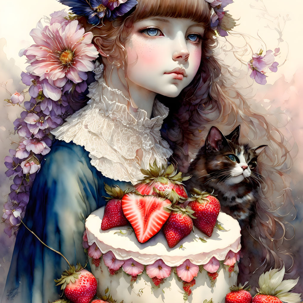 Illustrated girl with expressive eyes, cat, and strawberry cake with flowers.