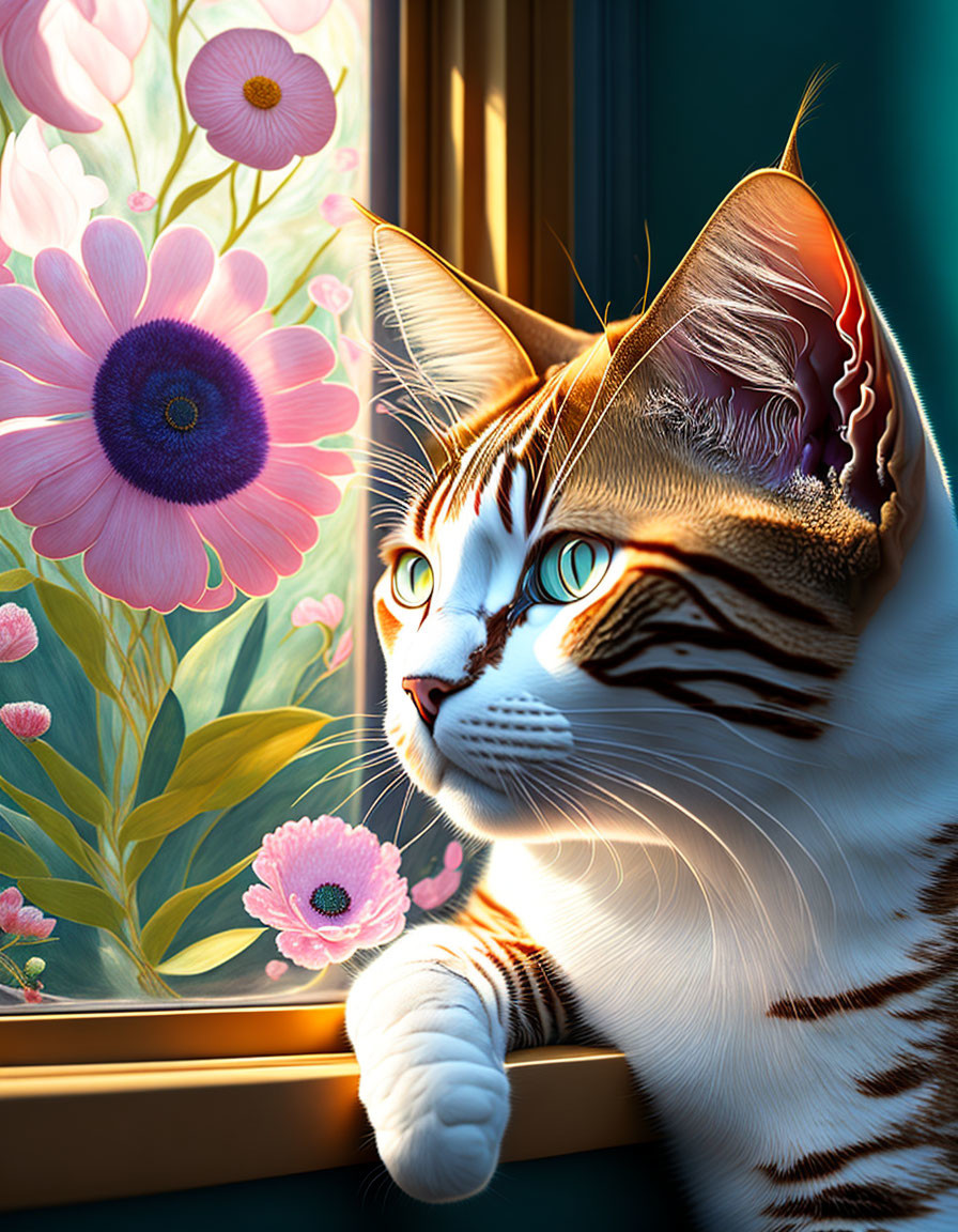 Tabby cat looking out window with vibrant flowers and sunlight