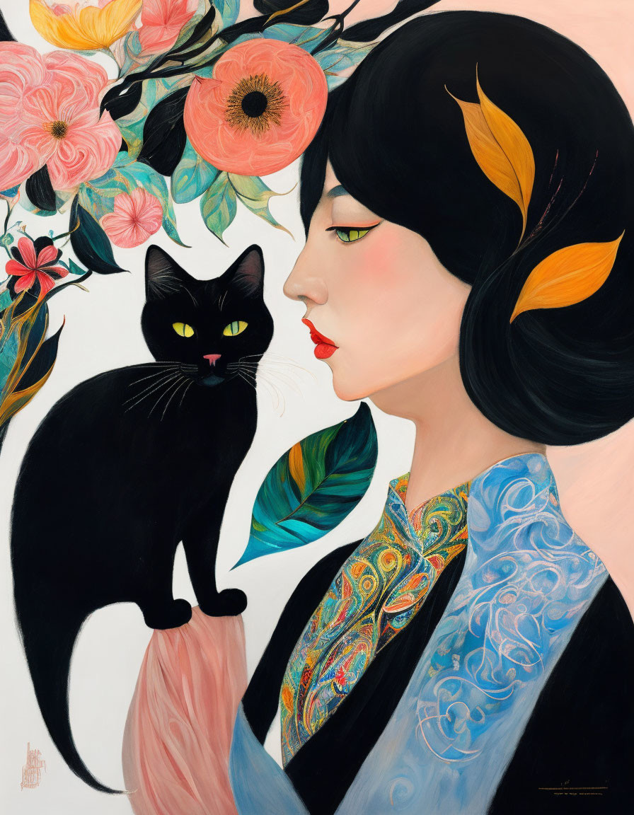 Stylized painting of woman with black hair and floral background with black cat on shoulder