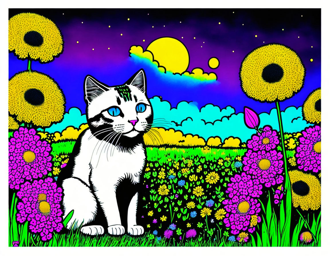 Stylized black and white cat in vibrant sunflower field