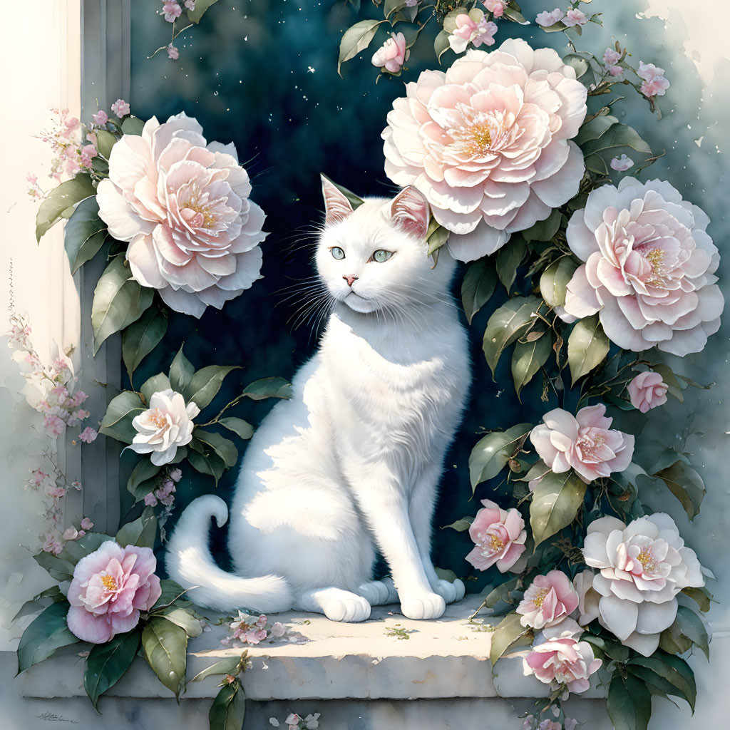 White Cat with Blue Eyes Surrounded by Pink Peony Flowers on Ledge