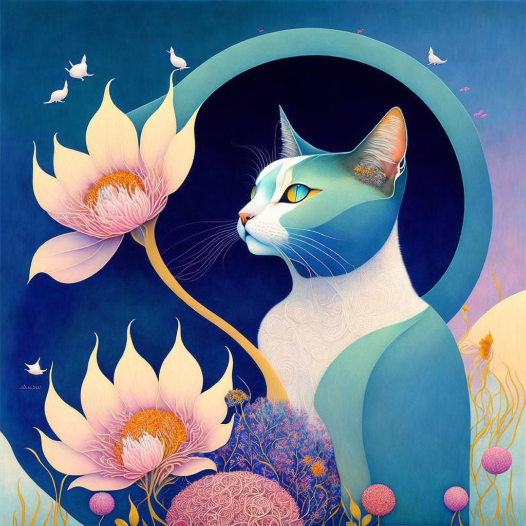 Stylized cat with floral motif, lotus flowers, and birds on blue background