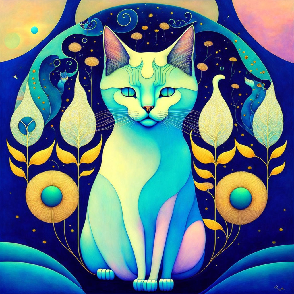 Colorful Stylized Cat Artwork with Celestial and Floral Motifs on Blue and Yellow Background