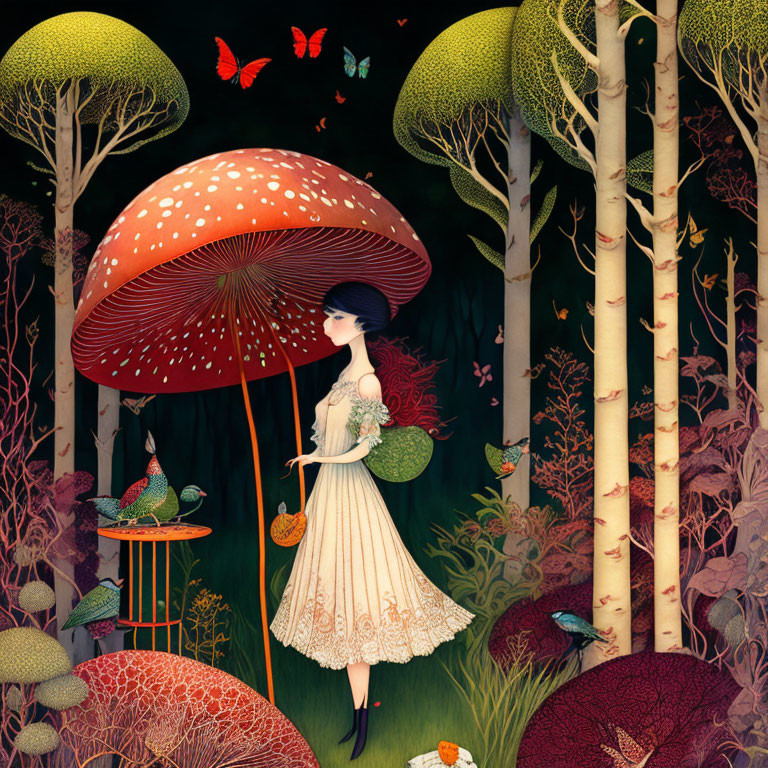 Illustration of woman in white dress with basket in stylized forest.