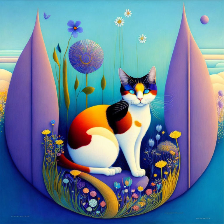Calico Cat Surrounded by Colorful Flowers and Surreal Petals