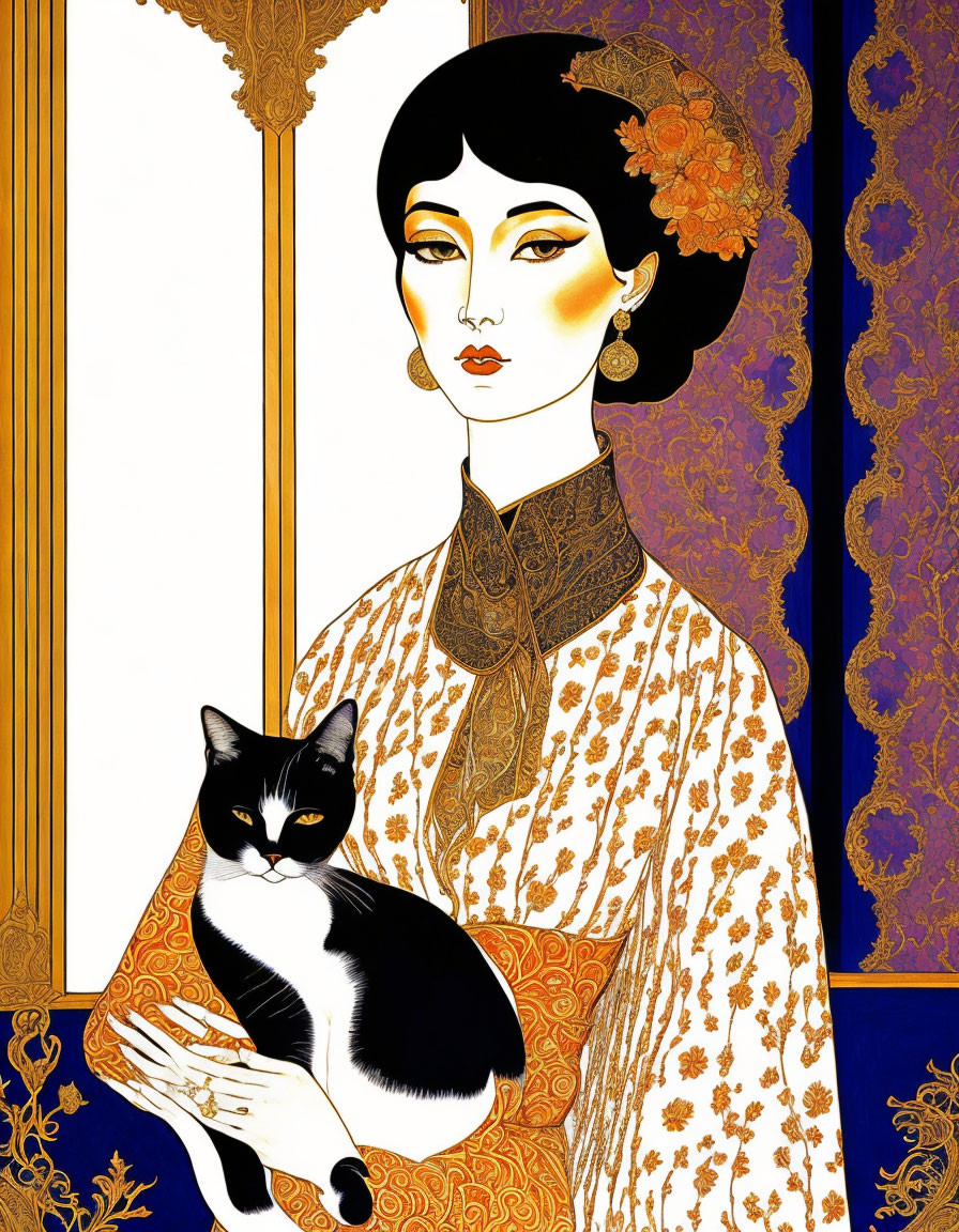 Traditional attire woman holding cat against ornate background illustration