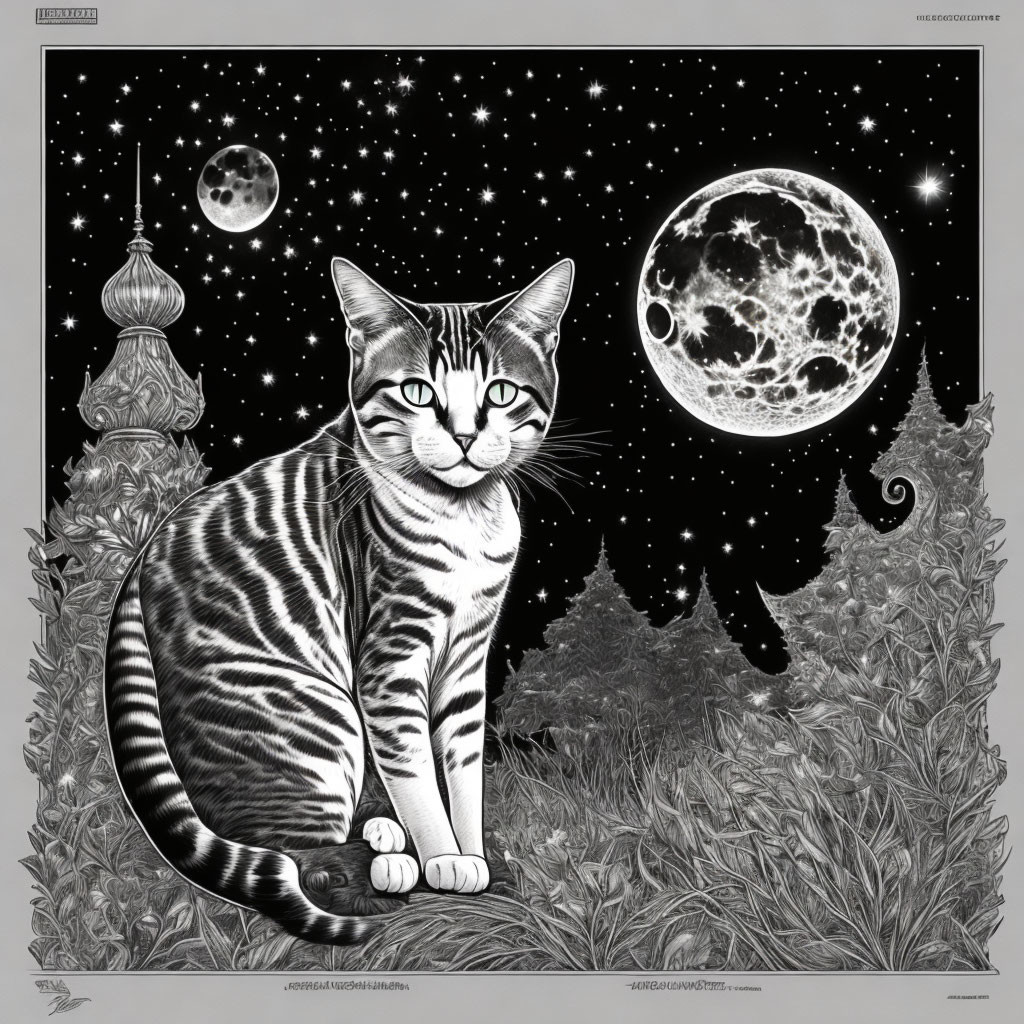 Monochromatic striped cat in mystical garden with oversized moon