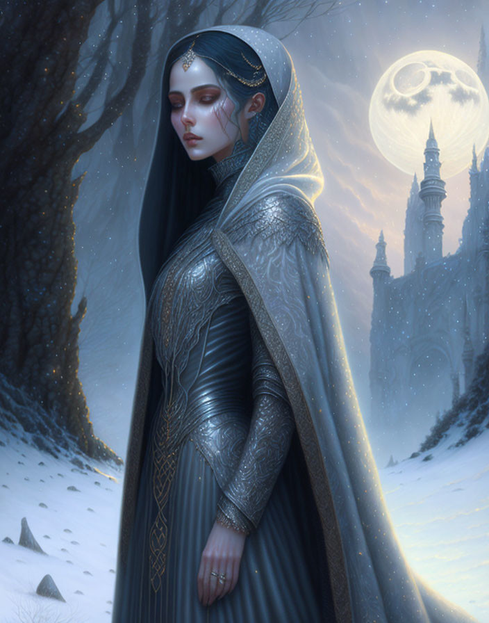 Mysterious woman in ornate cloak in moonlit snowy forest