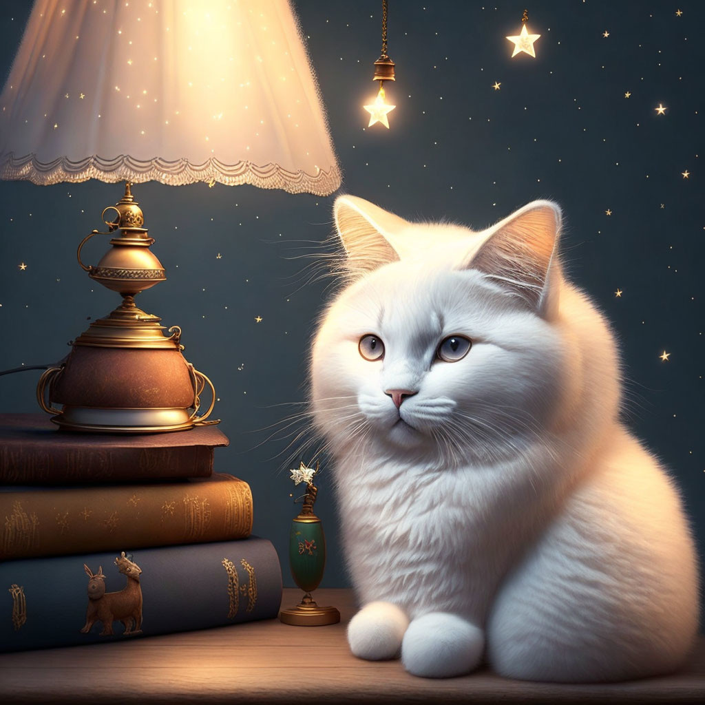 White Cat with Books and Oil Lamp in Dimly Lit Room