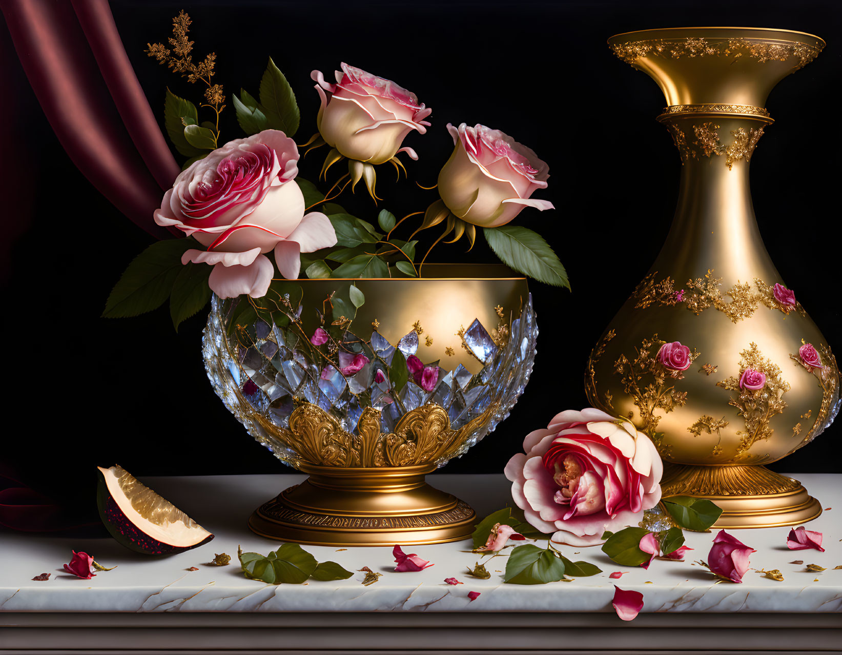 Pink roses in crystal bowl, gold vase, draped curtain, scattered petals, fruit slice.