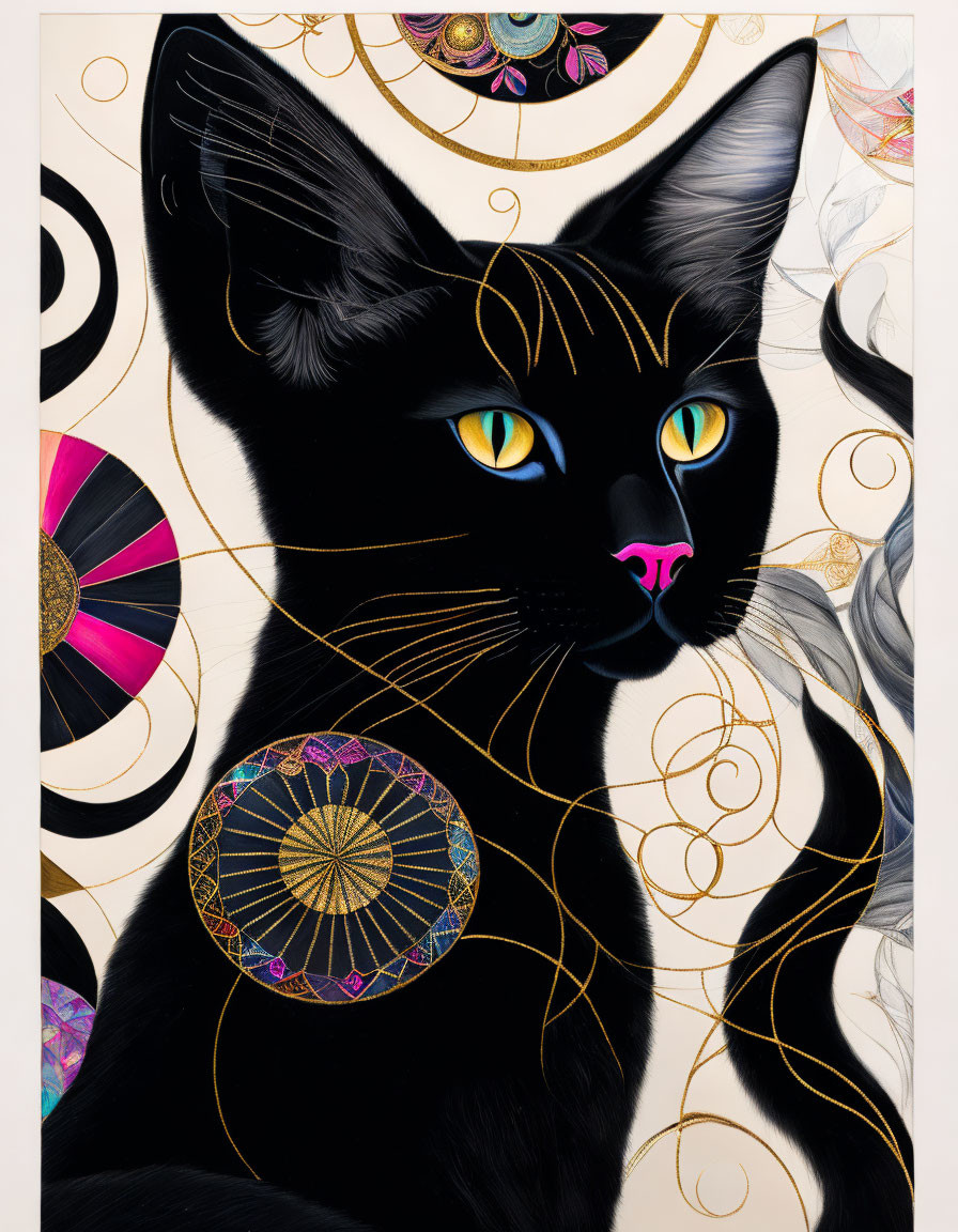 Stylized black cat illustration with golden eyes and intricate circular designs