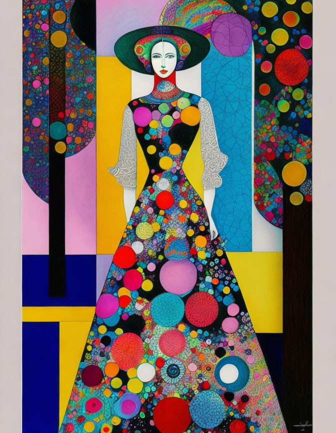 Vibrant abstract painting of woman in patterned dress with circles and geometric background