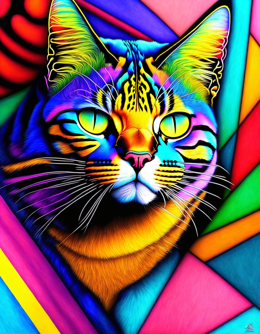 Colorful Digital Art: Multicolored Cat in Psychedelic Pattern on Rainbow Background