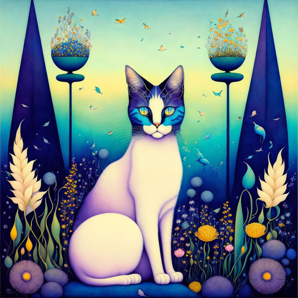 Whimsical painting of large cat in surreal garden with blue markings