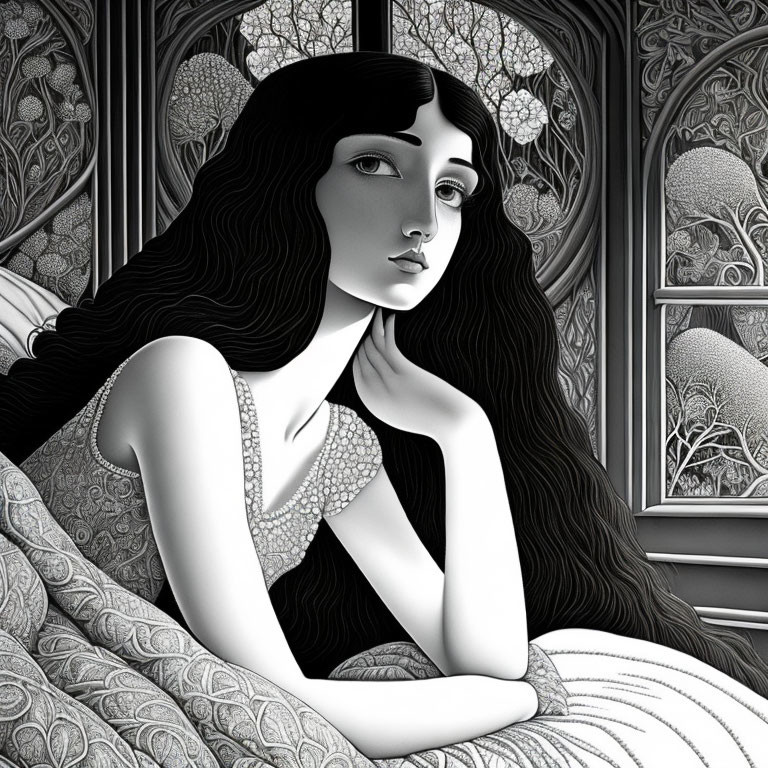 Monochrome illustration of pensive woman by window with intricate patterns