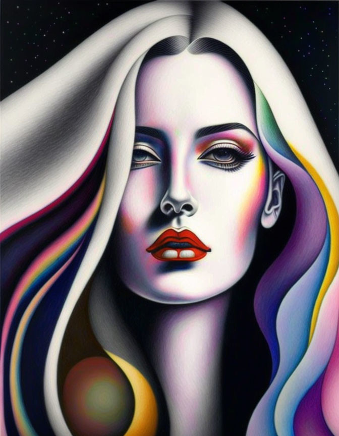 Vibrant surrealist portrait of a woman with flowing hair in cosmic setting