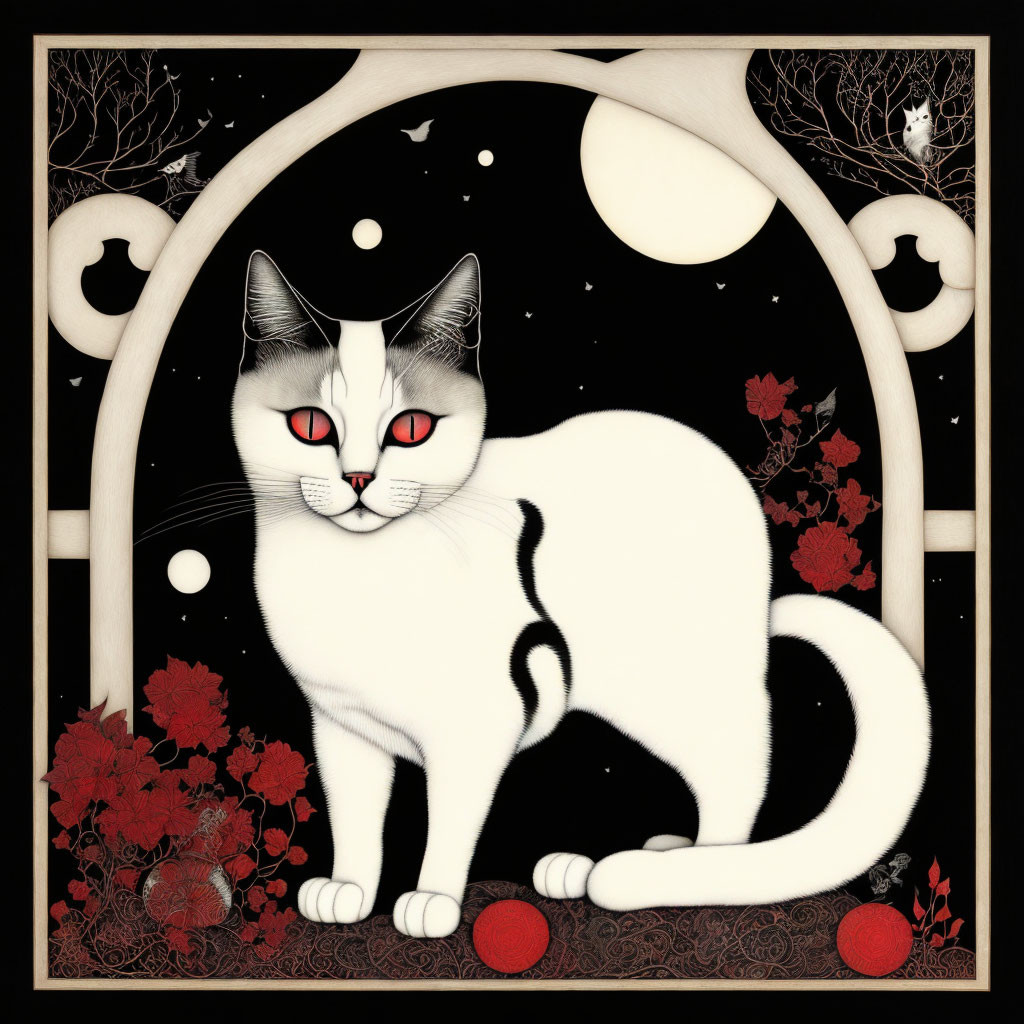 White Cat with Red Eyes in Night-themed Illustration