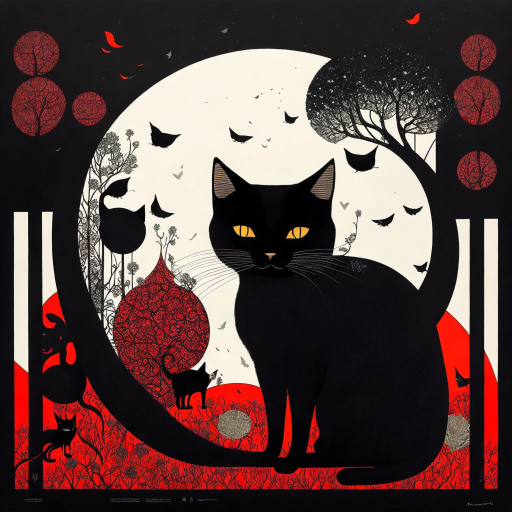 Stylized black cat with yellow eyes in front of large moon and red/black trees