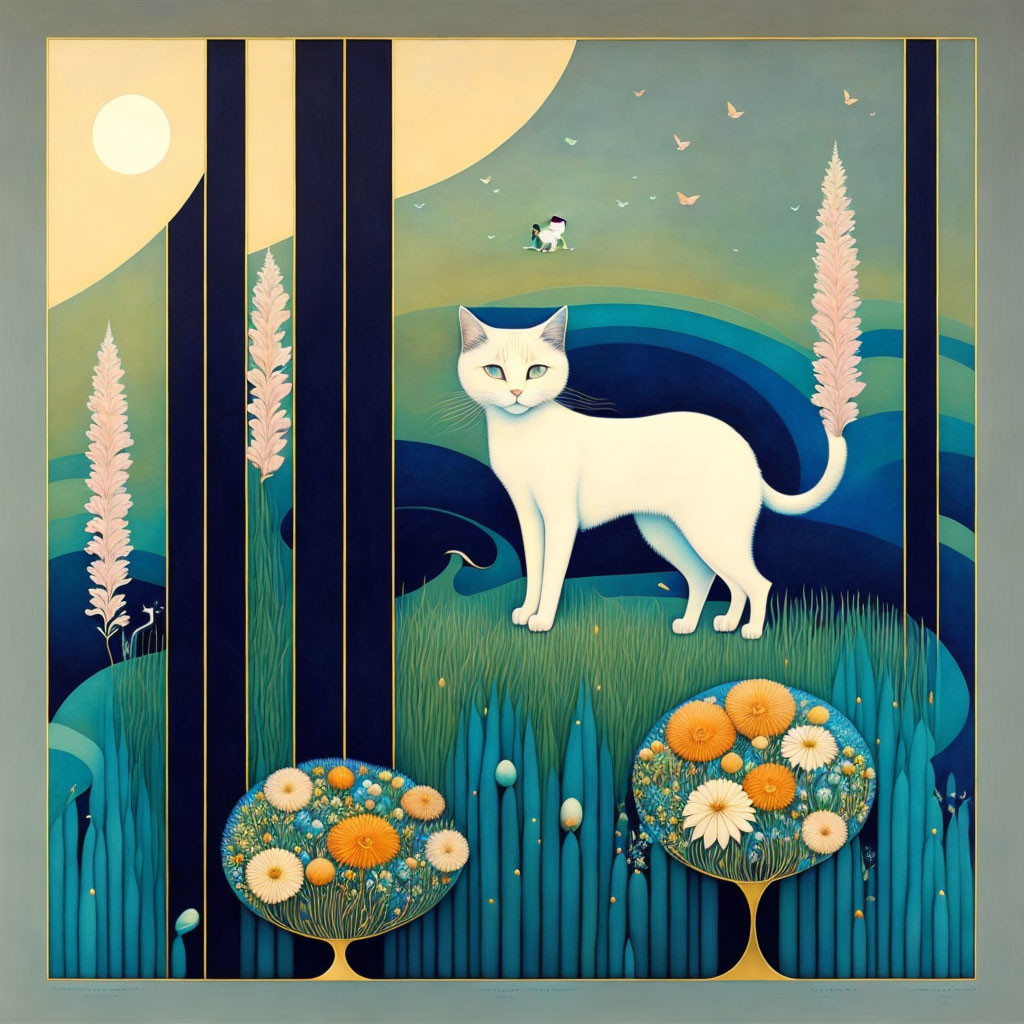 White Cat in Surreal Garden with Flowers and Figure