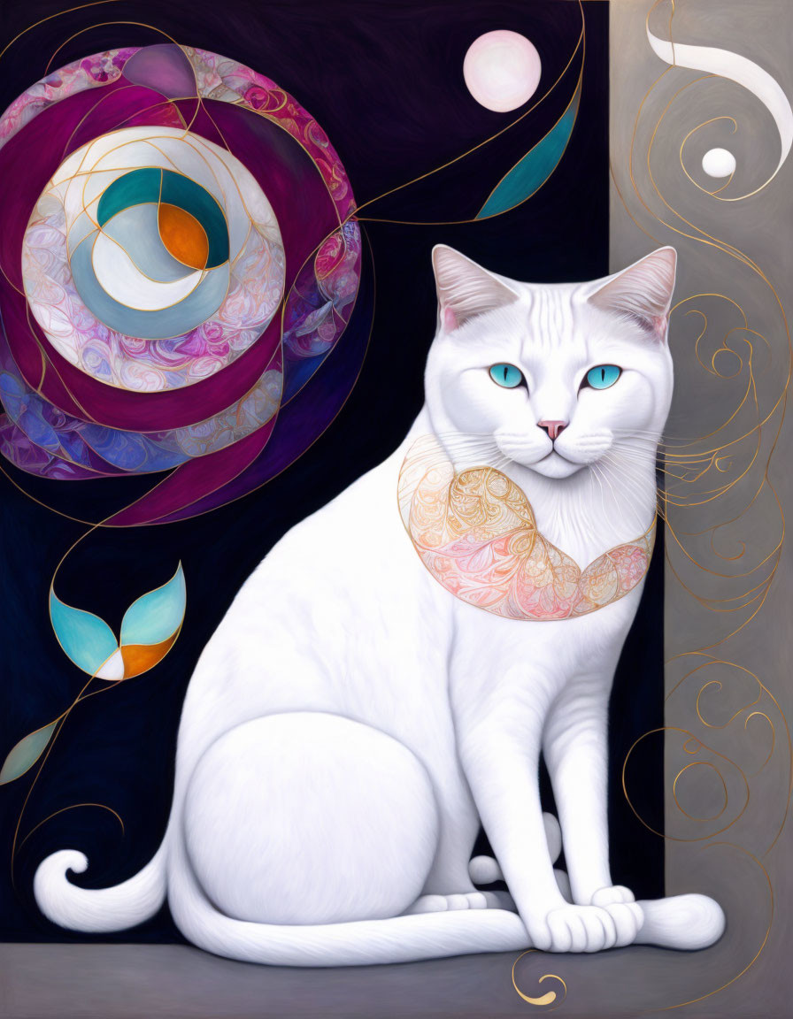 Stylized white cat with blue eyes on cosmic background with celestial motifs