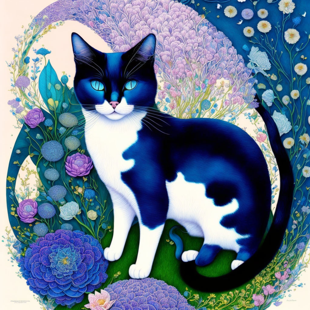 Stylized black and white cat with blue eyes among purple and blue flowers