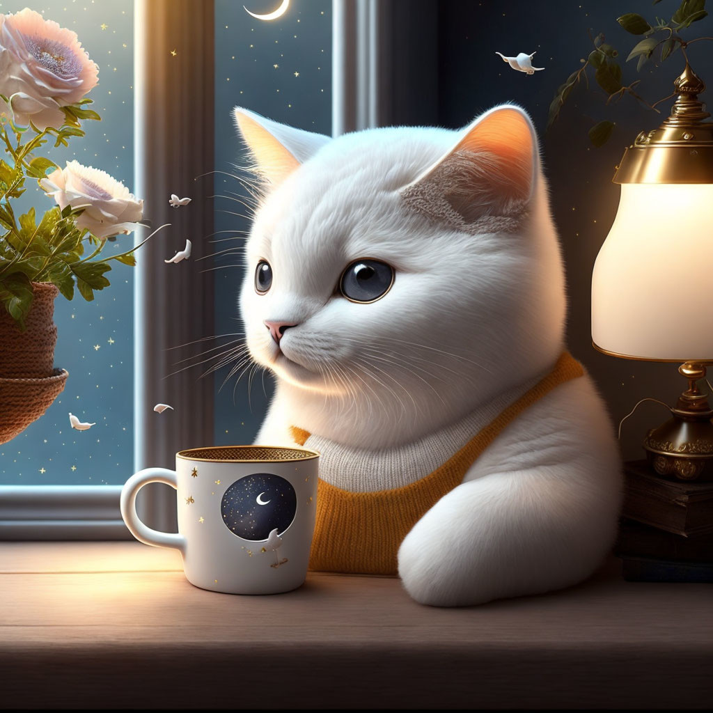 White cat in yellow sweater by night window with doves, lamp, and mug