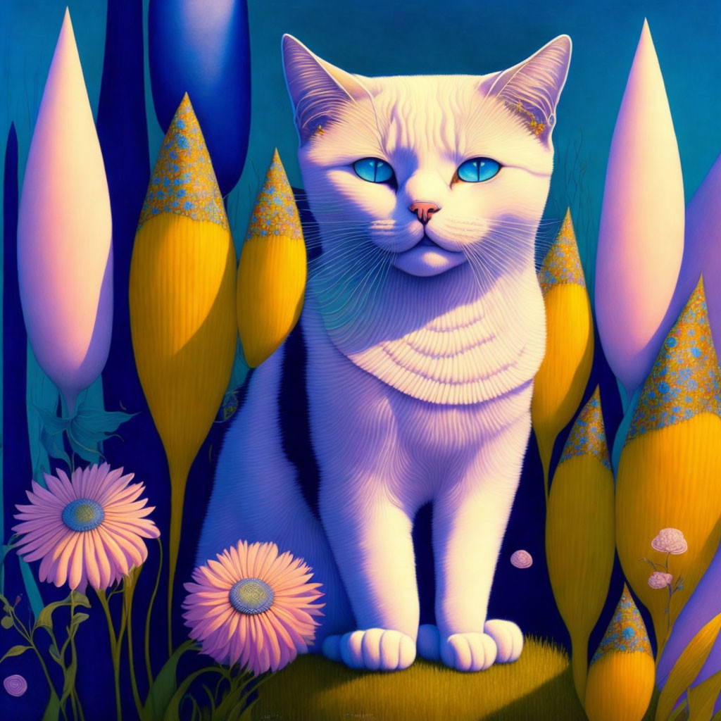 Illustration of blue-eyed white cat with yellow tulips and pink flowers on blue background