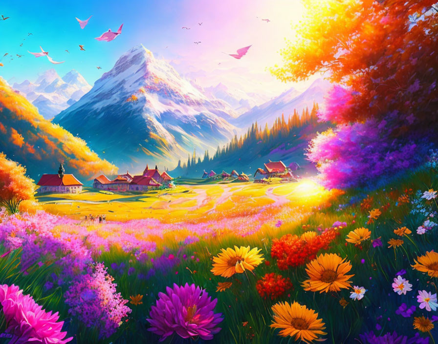 Colorful Landscape Painting: Village, Mountains, Flowers, Birds