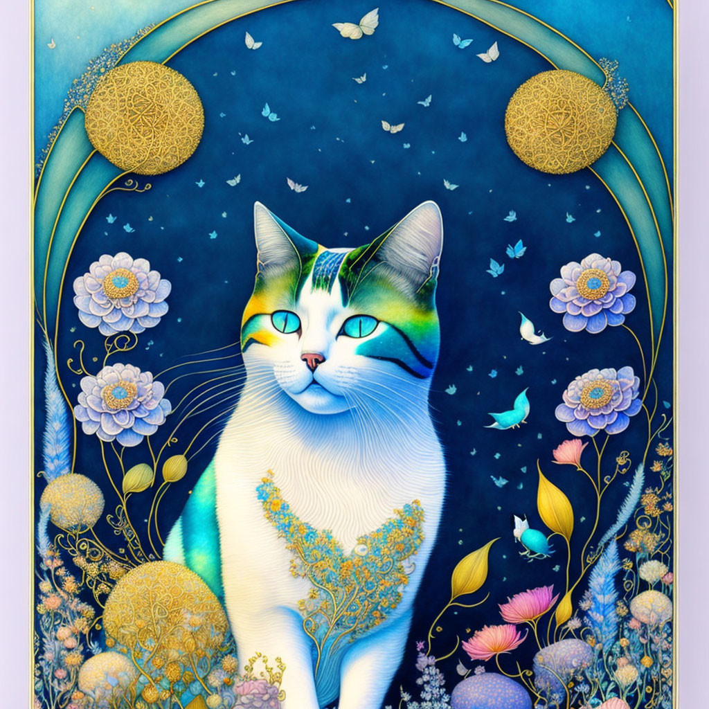 Multicolored cat in whimsical blue and gold setting with florals, butterflies, and birds