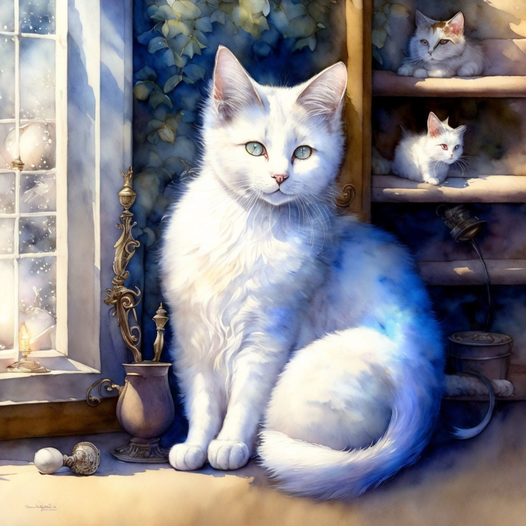 White cat with blue eyes by snowy window and vase, another cat in background