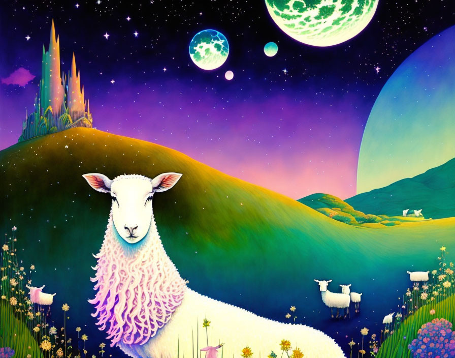 Vibrant Sheep in Fantastical Landscape with Castle and Celestial Bodies