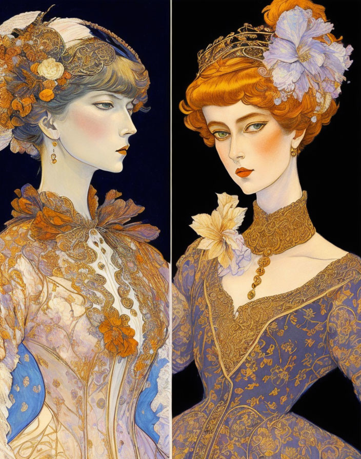 Stylized portraits of women in intricate Art Nouveau costumes and floral headpieces on dark background