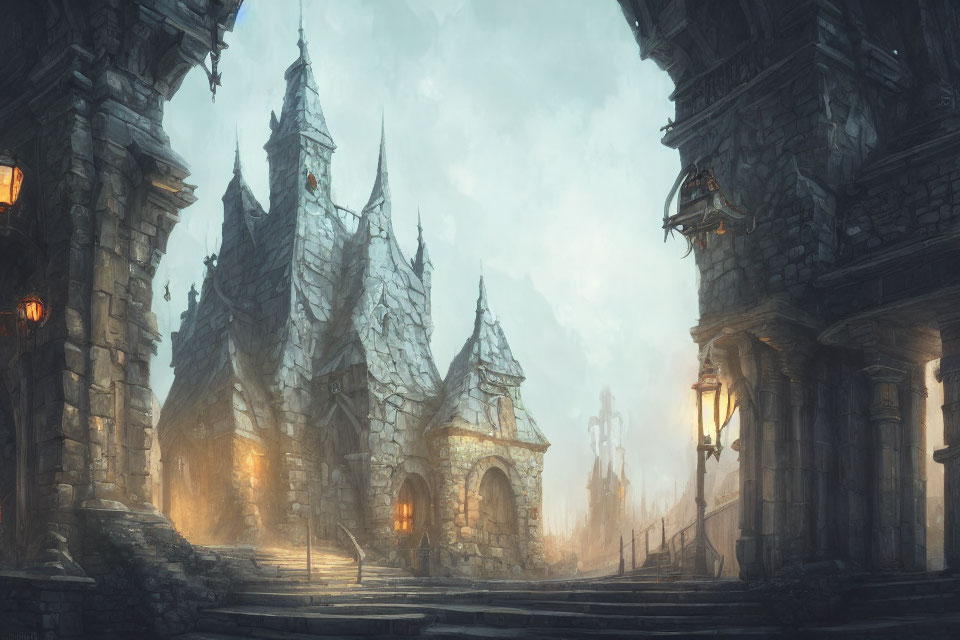 Mystical fog-shrouded castle in medieval fantasy setting