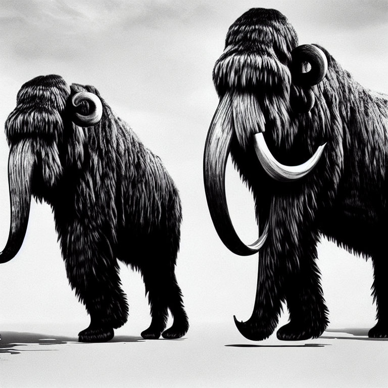 Stylized shaggy mammoths with tusks on grey background