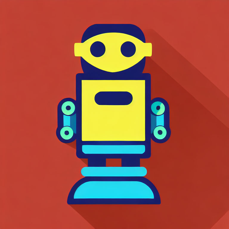 Stylized robot with yellow head and blue body on red background