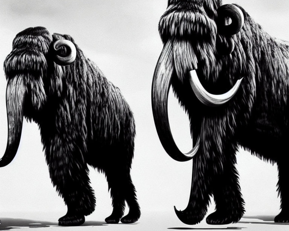 Stylized shaggy mammoths with tusks on grey background