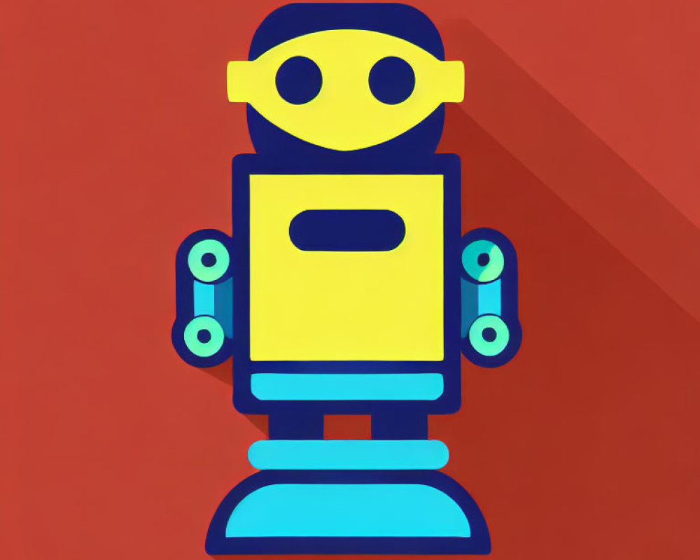 Stylized robot with yellow head and blue body on red background