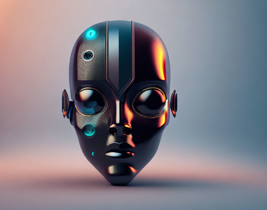 Shiny black humanoid robot head with blue eyes and orange accents on gradient backdrop