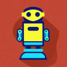 Stylized robot with yellow head and blue body on red background