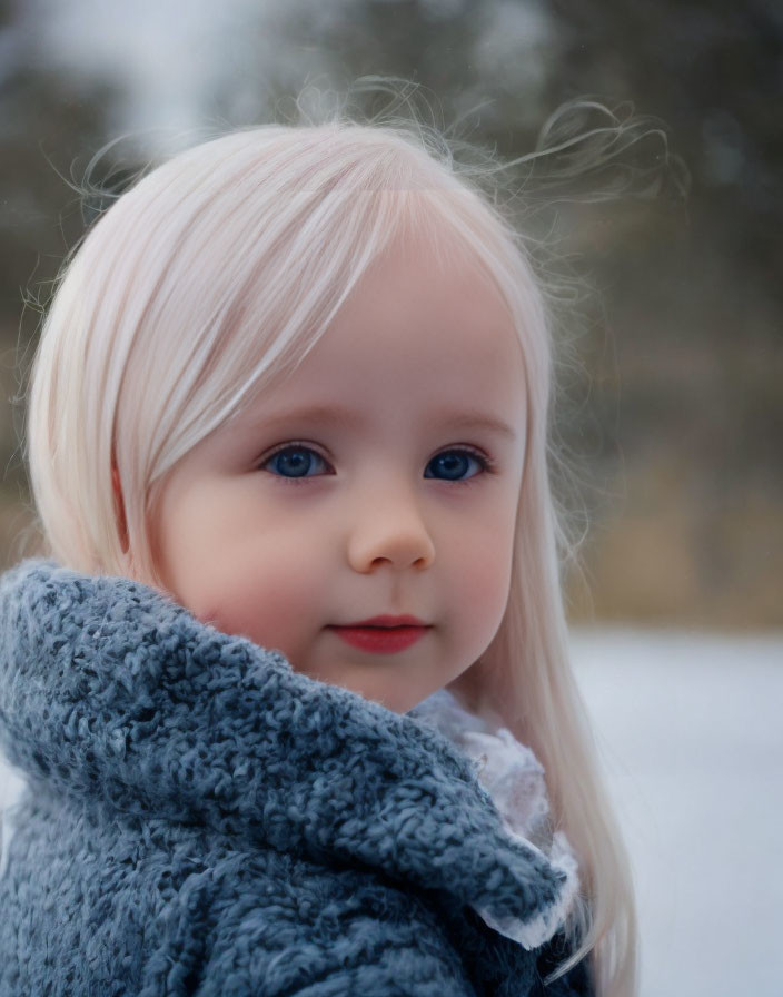 Child with Pale Blonde Hair and Blue Eyes in Grey Knit Garment on Winter Background