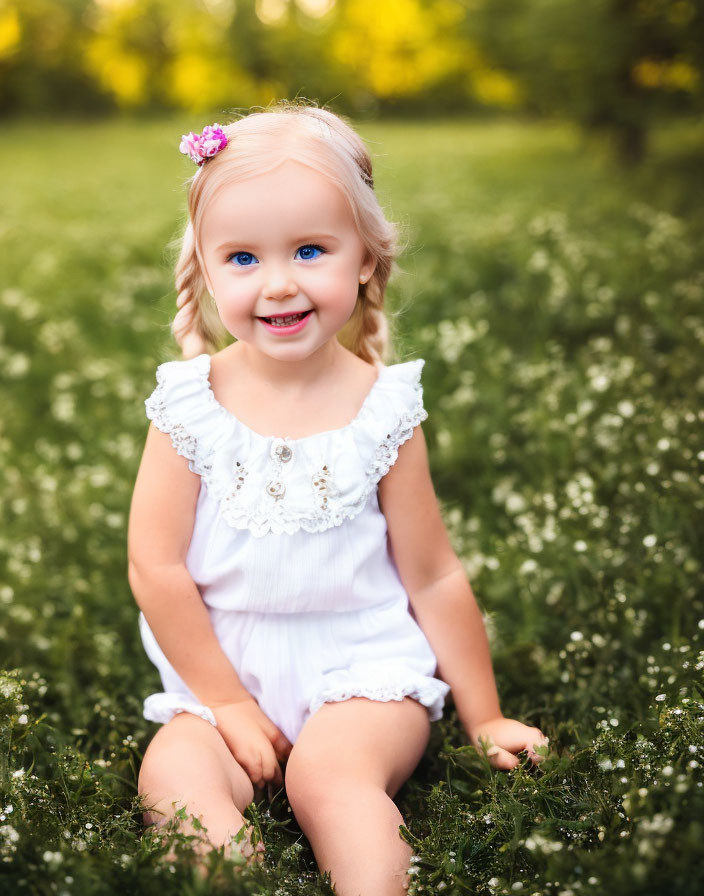 Blonde Girl Smiling in White Outfit on Green Field