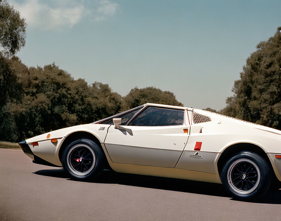 Vintage White Sports Car Parked in Green Landscape