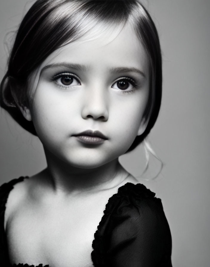 Monochrome portrait of young girl with striking eyes and serene expression