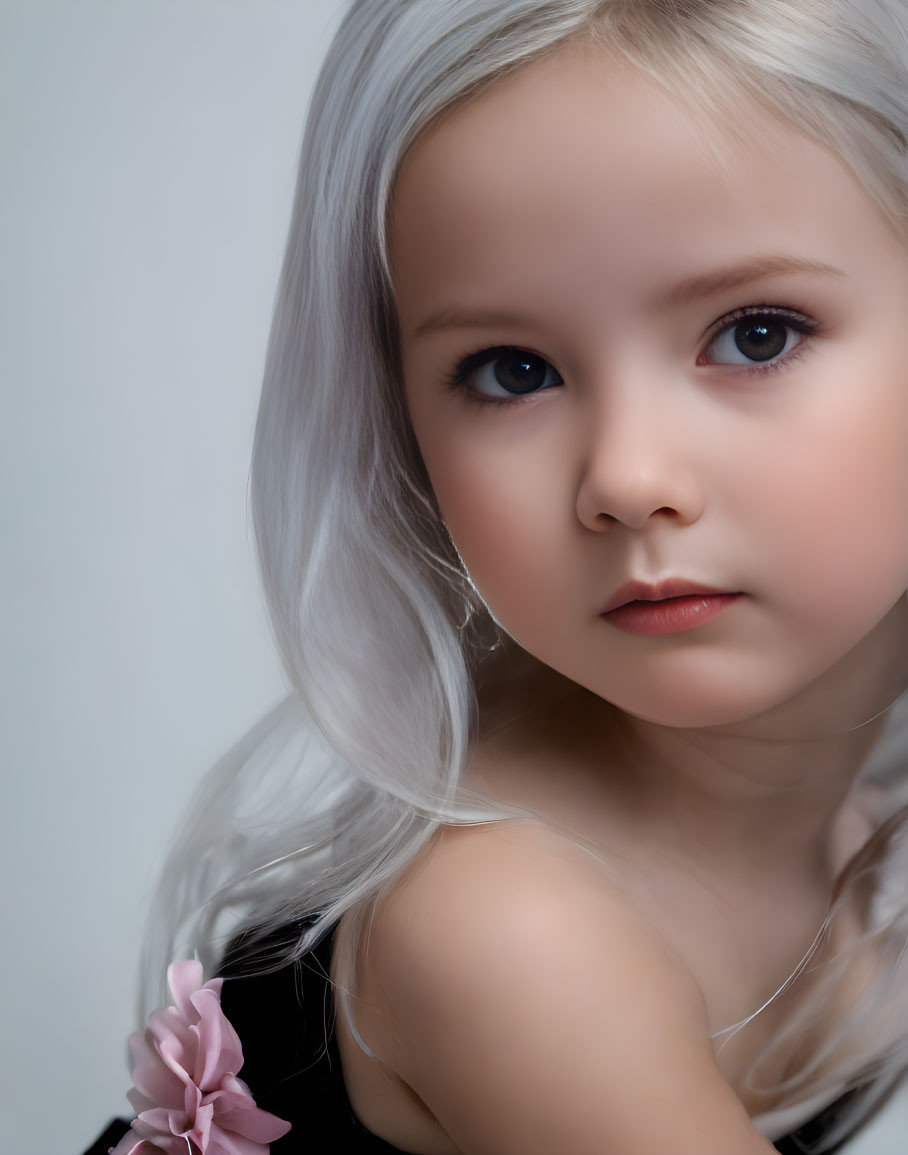 Young girl portrait with blonde hair and blue eyes against grey background.