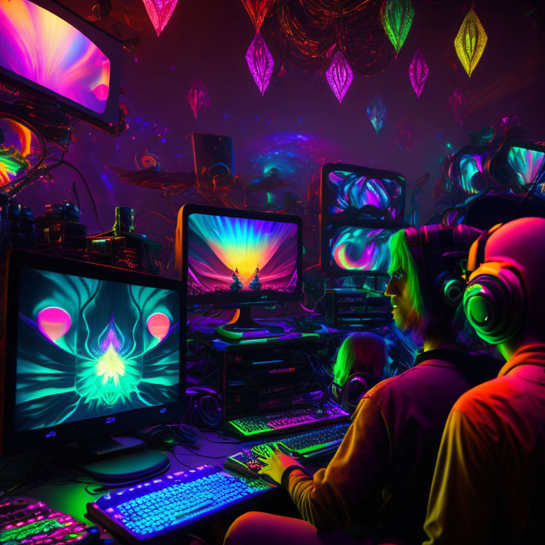 Colorful Gaming Setup with Neon Lights and Multiple Screens