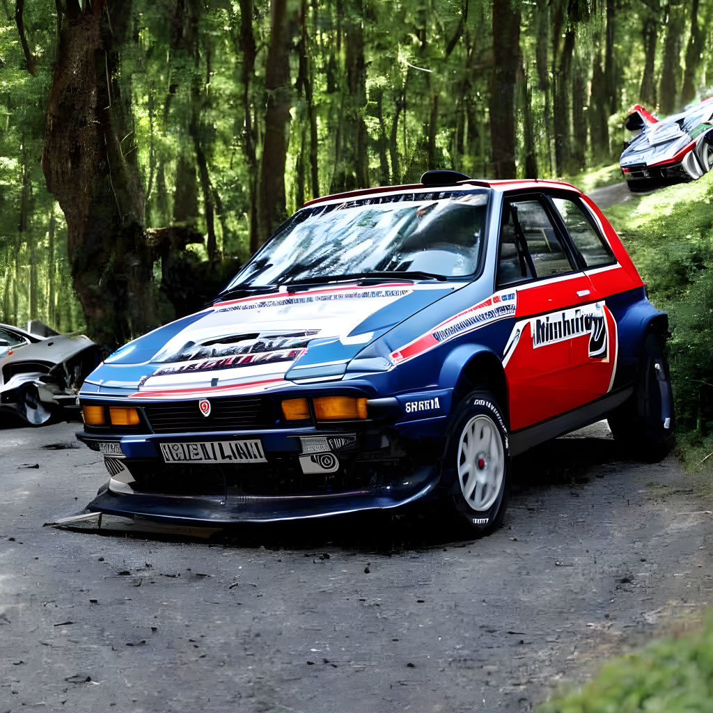 Red and Blue Martini Racing Rally Cars in Forest Setting