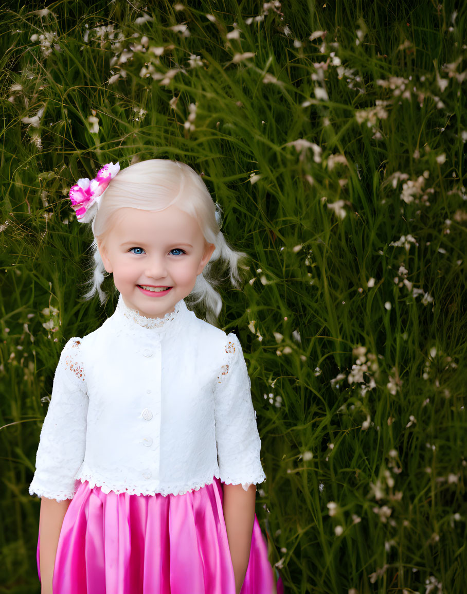 Blonde girl in pink skirt and white top smiling in front of tall green grasses