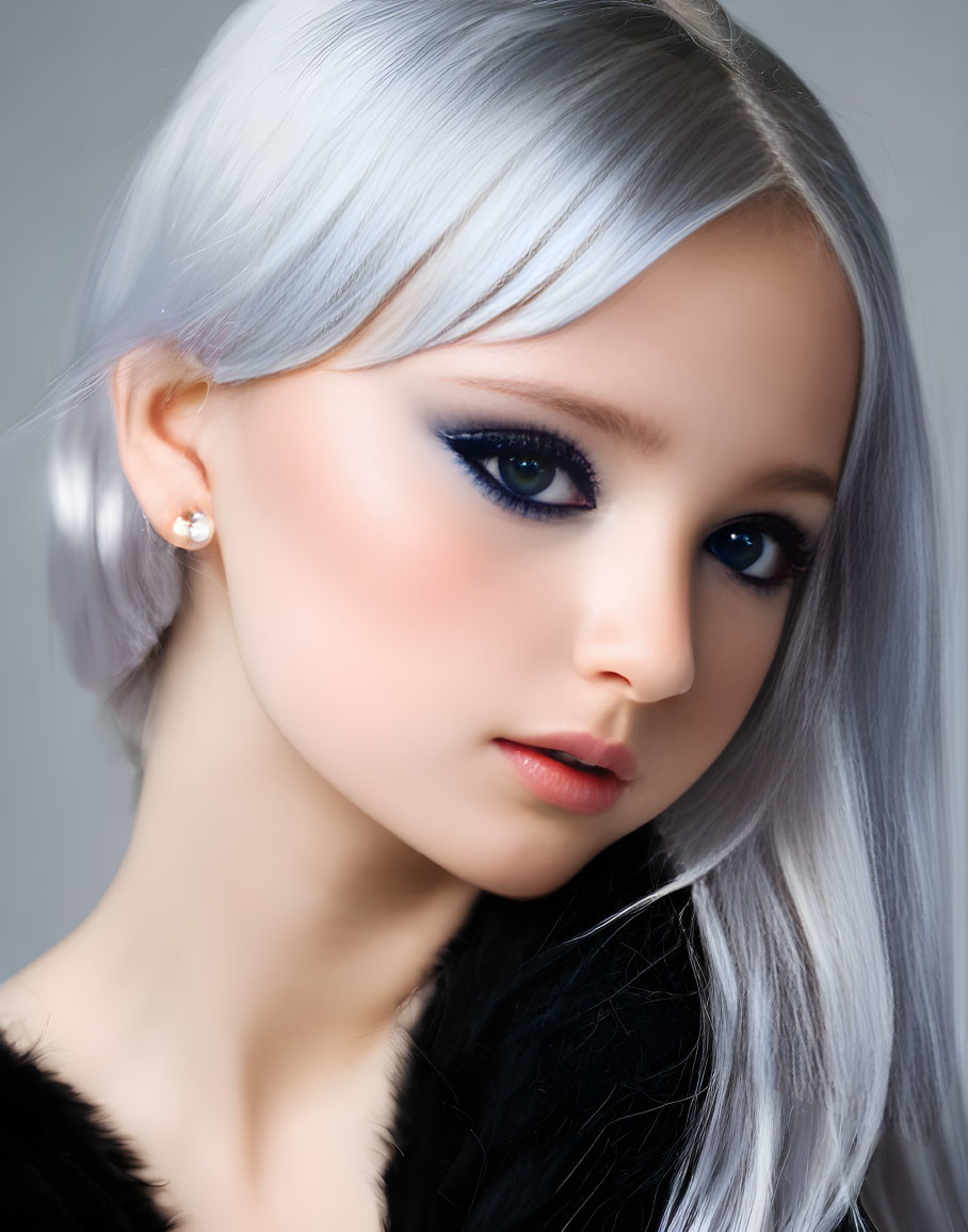 Portrait of person with silver hair, blue eyes, dark makeup, black outfit