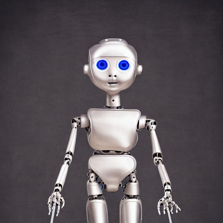 Silver humanoid robot with blue eyes on grey background