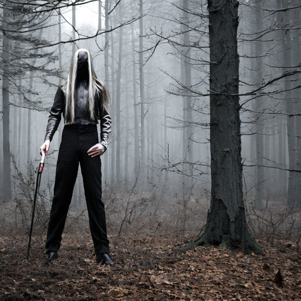 Person with long gray hair in dark clothing holding red-tipped cane in foggy forest